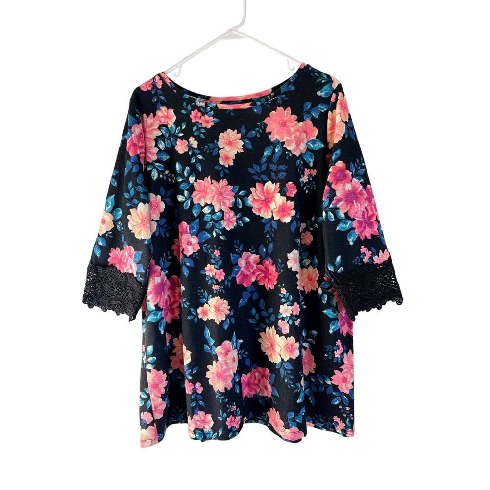 NWOT Woman Within Black Floral Tunic Top 3/4 Lace Trim Sleeve L 18/20 Boho Chic